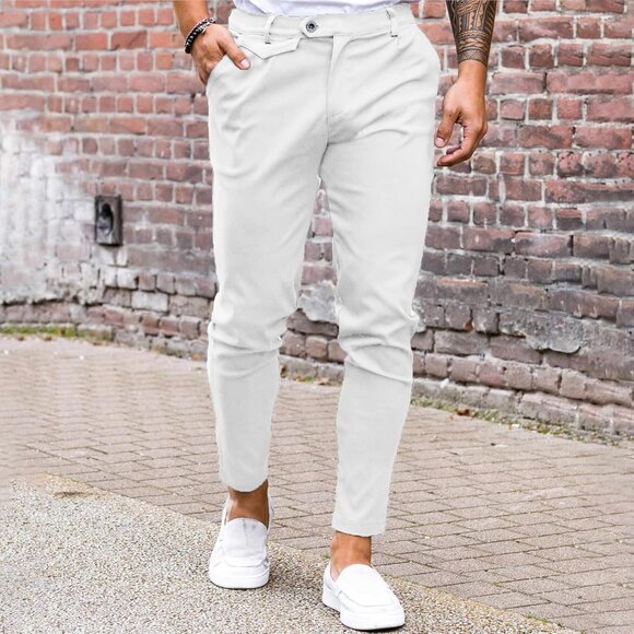 🆕 Men White Slim Fit Pants Flat Front Stretch Skinny Tapered Casual Trousers - Picture 2 of 5